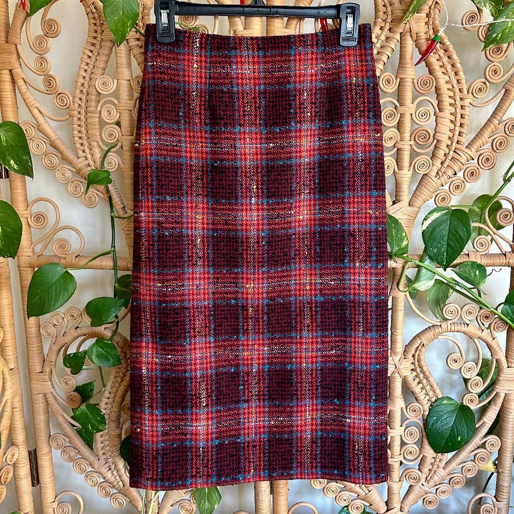 Plaid Twill Midi Pencil Skirt Size 2
